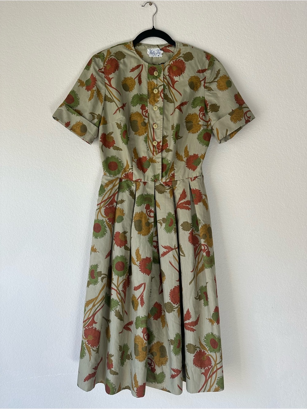 Vintage 50s/60s Nelly Don Floral Dress Pleated Midi Olive Green size Small